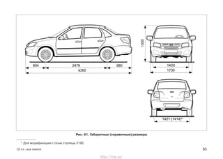 12 Р.Э. LADA GRANTA 85
Рис. 61. Габаритные (справочные) размеры
* Для модификации с осью ступицы 2192.
http://vnx.su/
 