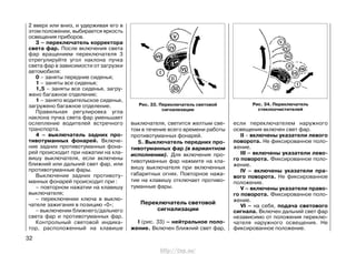 2 вверх или вниз, и удерживая его в
этом положении, выбирается яркость
освещения приборов.
3 – переключатель корректора
света фар. После включения света
фар вращением переключателя 3
отрегулируйте угол наклона пучка
света фар в зависимости от загрузки
автомобиля:
0 – заняты передние сиденья;
1 – заняты все сиденья;
1,5 – заняты все сиденья, загру-
жено багажное отделение;
1 – занято водительское сиденье,
загружено багажное отделение.
Правильная регулировка угла
наклона пучка света фар уменьшает
ослепление водителей встречного
транспорта.
4 – выключатель задних про-
тивотуманных фонарей. Включе-
ние задних противотуманных фона-
рей происходит при нажатии на кла-
вишу выключателя, если включены
ближний или дальний свет фар, или
противотуманные фары.
Выключение задних противоту-
манных фонарей происходит при :
– повторном нажатии на клавишу
выключателя;
– переключении ключа в выклю-
чателе зажигания в позицию «0»;
– выключении ближнего/дальнего
света фар и противотуманных фар.
Контрольный световой индика-
тор, расположенный на клавише
выключателя, светится желтым све-
том в течение всего времени работы
противотуманных фонарей.
5. Выключатель передних про-
тивотуманных фар (в вариантном
исполнении). Для включения про-
тивотуманных фар нажмите на кла-
вишу выключателя при включенных
габаритных огнях. Повторное нажа-
тие на клавишу отключает противо-
туманные фары.
Переключатель световой
сигнализации
I (рис. 33) – нейтральное поло-
жение. Включен ближний свет фар,
если переключателем наружного
освещения включен свет фар.
II – включены указатели левого
поворота. Не фиксированное поло-
жение.
III – включены указатели лево-
го поворота. Фиксированное поло-
жение.
IV – включены указатели пра-
вого поворота. Не фиксированное
положение.
V – включены указатели право-
го поворота. Фиксированное поло-
жение.
VI – на себя, подача светового
сигнала. Включен дальний свет фар
независимо от положения переклю-
чателя наружного освещения. Не
фиксированное положение.
32
Рис. 33. Переключатель световой
сигнализации
Рис. 34. Переключатель
стеклоочистителей
http://vnx.su/
 