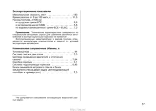 67
*Не допускается смешивание охлаждающих жидкостей раз-
ных марок.
Эксплуатационные показатели
Максимальная скорость, км/ч . . . . . . . . . . . . . . . . . . . . 183
Время разгона от 0 до 100 км/ч, с . . . . . . . . . . . . . . . . 11,5
Расход топлива, л/100 км:
в городском цикле ЕСЕ . . . . . . . . . . . . . . . . . . . . . . . . 9,8
в загородном цикле ЕUDС . . . . . . . . . . . . . . . . . . . . . 5,6
по ездовому (смешанному) циклу ЕСЕ + ЕUDС . . . . 7,2
Примечание. Технические характеристики замеряются по
специальным методикам, служат для сравнения различных авто-
мобилей и эксплуатационными нормами не являются!
Эксплуатационные характеристики и расход топлива опре-
деляются маршрутным компьютером и зависят от условий
эксплуатации автомобиля.
Номинальные заправочные объемы, л
Топливный бак . . . . . . . . . . . . . . . . . . . . . . . . . . . . . . . . . . . 44
Система смазки двигателя . . . . . . . . . . . . . . . . . . . . . . . 3,5
Система охлаждения двигателя и отопления
салона* . . . . . . . . . . . . . . . . . . . . . . . . . . . . . . . . . . . . . . . 7,84
Коробка передач . . . . . . . . . . . . . . . . . . . . . . . . . . . . . . . . 3,1
Система гидропривода тормозов . . . . . . . . . . . . . . . . 0,45
Бачок омывателя ветрового стекла и бачок
омывателя стекла двери задка (для модификаций
«хэтчбек» и «универсал») . . . . . . . . . . . . . . . . . . . . . . . . . 2,5
http://vnx.su/
 