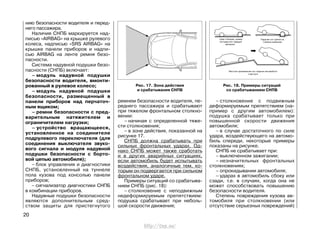 ремнем безопасности водителя, пе-
реднего пассажира и срабатывают
при тяжелом фронтальном столкно-
вении:
– начиная с определенной тяже-
сти столкновения;
– в зоне действия, показанной на
рисунке 17.
СНПБ должна срабатывать при
сильных фронтальных ударах. Од-
нако СНПБ может также сработать
и в других аварийных ситуациях,
если автомобиль будет испытывать
воздействия, аналогичные тем, ко-
торым он подвергается при сильном
фронтальном ударе.
Примеры ситуаций со срабатыва-
нием СНПБ (рис. 18):
– столкновение с неподвижным
недеформируемым препятствием:
подушка срабатывает при неболь-
шой скорости движения;
– столкновение с подвижным
деформируемым препятствием (на-
пример с другим автомобилем):
подушка срабатывает только при
повышенной скорости движения
автомобиля;
– в случае достаточного по силе
удара, воздействующего на автомо-
биль спереди, некоторые примеры
показаны на рисунке.
СНПБ не срабатывает при:
– выключенном зажигании;
– незначительных фронтальных
столкновениях;
– опрокидывании автомобиля;
– ударах в автомобиль сбоку или
сзади, т.е. в случаях, когда она не
может способствовать повышению
безопасности водителя.
Степень повреждения кузова ав-
томобиля при столкновении (или
отсутствие серьезных повреждений)
20
Рис. 18. Примеры ситуаций
со срабатыванием СНПБ
Рис. 17. Зона действия
и срабатывания СНПБ
нию безопасности водителя и перед-
него пассажира.
Наличие СНПБ маркируется над-
писью «AIRBAG» на крышке рулевого
колеса, надписью «SRS AIRBAG» на
крышке панели приборов и надпи-
сью AIRBAG на ленте ремня безо-
пасности.
Система надувной подушки безо-
пасности (СНПБ) включает:
– модуль надувной подушки
безопасности водителя, вмонти-
рованный в рулевое колесо;
– модуль надувной подушки
безопасности, размещенный в
панели приборов над перчаточ-
ным ящиком;
– ремни безопасности с пред-
варительным натяжителем и
ограничителем нагрузки;
– устройство вращающееся,
установленное на соединителе
подрулевого переключателя (для
соединения выключателя звуко-
вого сигнала и модуля надувной
подушки безопасности с борто-
вой цепью автомобиля);
– блок управления и диагностики
СНПБ, установленный на туннеле
пола кузова под консолью панели
приборов;
– сигнализатор диагностики СНПБ
в комбинации приборов.
Надувные подушки безопасности
являются дополнительным сред-
ством защиты для пристегнутого
http://vnx.su/
 