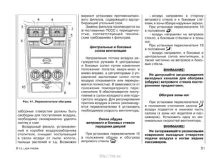 заборные отверстия должны быть
свободны для поступления воздуха,
необходимо своевременно удалять
листву и снег.
Воздушный фильтр, установлен-
ный в коробке воздухозаборника
отопителя, очищает поступающий
в салон воздух от пыли, копоти,
пыльцы растений и т.д. Возможен
вариант установки противозапахо-
вого фильтра, содержащего адсор-
бирующий угольный слой.
Замена фильтра производится на
аттестованных ПССС с периодично-
стью, соответствующей техниче-
ским требованиям к фильтрам.
Центральные и боковые
сопла вентиляции
Направление потока воздуха ре-
гулируется ручками 4 центральных
и боковых сопел путем изменения
положения лопаток вверх-вниз и
влево-вправо, а регуляторами 3 уп-
равления заслонками сопел поток
воздуха открывается или перекры-
вается полностью. В зависимости от
положения температурного пере-
ключателя 9 обеспечивается посту-
пление в салон холодного или подо-
гретого воздуха. Для регулирования
притока воздуха в салон рекоменду-
ется переключателем 8 установить
необходимую скорость вентилятора.
Сопла обдува
ветрового и боковых стекол
передних дверей
При установке переключателя 10
в положение обдува и обогрева
ветрового стекла :
– воздух направлен в сторону
ветрового стекла и к боковым стё-
клам, в зоны обзора наружных зеркал.
При установке переключателя 10
в положение :
– воздух направлен на ветровое
стекло, к боковым стёклам и в зоны
ног.
При установке переключателя 10
в положение :
– воздух направлен, в боковые и
центральные сопла вентиляции, а
также частично на ветровое и боко-
вые стёкла.
ВНИМАНИЕ!
Не допускайте загромождения
выходных каналов для обогрева
(обдува) ветрового стекла посто-
ронними предметами.
Обогрев зоны ног
При установке переключателя 10
в положение отопления салона
воздух подается в нижнюю часть
салона (в зоны ног водителя и пас-
сажиров). Установить одну из ми-
нимальных скоростей вентилятора.
ВНИМАНИЕ!
Не загораживайте резиновыми
ковриками выходные отверстия
подачи воздуха к ногам задних
пассажиров.
8 Р.Э. LADA PRIORA 51
Рис. 41. Переключатели обогрева
http://vnx.su/
 