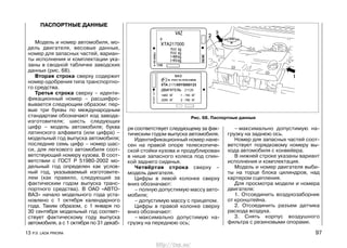 13 Р.Э. LADA PRIORA 97
ПАСПОРТНЫЕ ДАННЫЕ
Модель и номер автомобиля, мо-
дель двигателя, весовые данные,
номер для запасных частей, вариан-
ты исполнения и комплектации ука-
заны в сводной табличке заводских
данных (рис. 68).
Вторая строка сверху содержит
номер одобрения типа транспортно-
го средства.
Третья строка сверху – иденти-
фикационный номер – расшифро-
вывается следующим образом: пер-
вые три буквы по международным
стандартам обозначают код завода-
изготовителя; шесть следующих
цифр – модель автомобиля; буква
латинского алфавита (или цифра) –
модельный год выпуска автомобиля;
последние семь цифр – номер шас-
си, для легкового автомобиля соот-
ветствующий номеру кузова. В соот-
ветствии с ГОСТ Р 51980-2002 мо-
дельный год определен как услов-
ный год, указываемый изготовите-
лем (как правило, следующий за
фактическим годом выпуска транс-
портного средства). В ОАО «АВТО-
ВАЗ» начало модельного года уста-
новлено с 1 октября календарного
года. Таким образом, с 1 января по
30 сентября модельный год соответ-
ствует фактическому году выпуска
автомобиля, а с 1 октября по 31 декаб-
ря соответствует следующему за фак-
тическим годом выпуска автомобиля.
Идентификационный номер нане-
сен на правой опоре телескопиче-
ской стойки кузова и продублирован
в нише запасного колеса под спин-
кой заднего сиденья.
Четвёртая строка сверху –
модель двигателя.
Цифры в левой колонке сверху
вниз обозначают:
– полную допустимую массу авто-
мобиля;
– допустимую массу с прицепом.
Цифры в правой колонке сверху
вниз обозначают:
– максимально допустимую на-
грузку на переднюю ось;
– максимально допустимую на-
грузку на заднюю ось.
Номер для запасных частей соот-
ветствует порядковому номеру вы-
хода автомобиля с конвейера.
В нижней строке указаны вариант
исполнения и комплектация.
Модель и номер двигателя выби-
ты на торце блока цилиндров, над
картером сцепления.
Для просмотра модели и номера
двигателя:
1. Отсоединить воздухозаборник
от кронштейна.
2. Отсоединить разъем датчика
расхода воздуха.
3. Снять корпус воздушного
фильтра с резиновыми опорами.
Рис. 68. Паспортные данные
http://vnx.su/
 