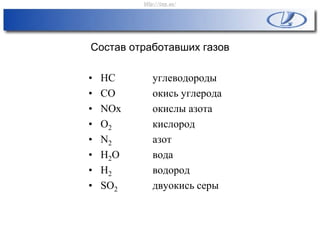 Состав отработавших газов
• HC углеводороды
• СО окись углерода
• NOx окислы азота
• О2 кислород
• N2 азот
• H2O вода
• Н2 водород
• SO2 двуокись серы
http://vnx.su/
 