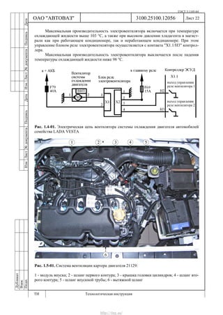 ГОСТ 3.1105-84
Лист 22Дубликат
Взам.
Подп.
3100.25100.12056
ТИ Технологическая инструкция
ОАО "АВТОВАЗ"
ИзмЛист№документаПодписьДатаИзм.Лист№документаПодписьДата
Максимальная производительность электровентилятора включается при температуре
охлаждающей жидкости выше 103 °С, а также при высоком давлении хладагента в магист-
рали как при работающем кондиционере, так и неработающем кондиционере. При этом
управление блоком реле электровентилятора осуществляется с контакта "Х1.1/Н3" контрол-
лера.
Максимальная производительность электровентилятора выключается после падения
температуры охлаждающей жидкости ниже 98 °С.
Рис. 1.4-01. Электрическая цепь вентилятора системы охлаждения двигателя автомобилей
семейства LADA VESTA
Рис. 1.5-01. Система вентиляции картера двигателя 21129:
1 - модуль впуска; 2 - шланг первого контура; 3 - крышка головки цилиндров; 4 - шланг вто-
рого контура; 5 - шланг впускной трубы; 6 - вытяжной шланг
http://vnx.su/
 
