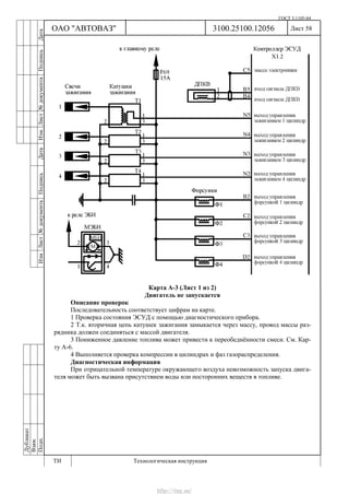 ГОСТ 3.1105-84
Лист 58Дубликат
Взам.
Подп.
3100.25100.12056
ТИ Технологическая инструкция
ОАО "АВТОВАЗ"
ИзмЛист№документаПодписьДатаИзм.Лист№документаПодписьДата
Карта А-3 (Лист 1 из 2)
Двигатель не запускается
Описание проверок
Последовательность соответствует цифрам на карте.
1 Проверка состояния ЭСУД с помощью диагностического прибора.
2 Т.к. вторичная цепь катушек зажигания замыкается через массу, провод массы раз-
рядника должен соединяться с массой двигателя.
3 Пониженное давление топлива может привести к переобеднённости смеси. См. Кар-
ту А-6.
4 Выполняется проверка компрессии в цилиндрах и фаз газораспределения.
Диагностическая информация
При отрицательной температуре окружающего воздуха невозможность запуска двига-
теля может быть вызвана присутствием воды или посторонних веществ в топливе.
http://vnx.su/
 