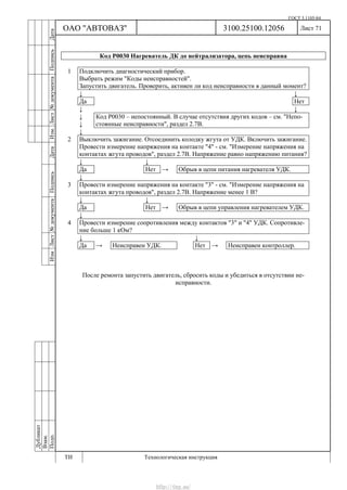 ГОСТ 3.1105-84
Лист 71
Дубликат
Взам.
Подп.
3100.25100.12056
ТИ Технологическая инструкция
ОАО "АВТОВАЗ"
ИзмЛист№документаПодписьДатаИзм.Лист№документаПодписьДата
Код Р0030 Нагреватель ДК до нейтрализатора, цепь неисправна
1 Подключить диагностический прибор.
Выбрать режим "Коды неисправностей".
Запустить двигатель. Проверить, активен ли код неисправности в данный момент?
↓ ↓
Да Нет
↓ ↓
↓
↓
Код Р0030 – непостоянный. В случае отсутствия других кодов – см. "Непо-
стоянные неисправности", раздел 2.7В.
↓
2 Выключить зажигание. Отсоединить колодку жгута от УДК. Включить зажигание.
Провести измерение напряжения на контакте "4" - см. "Измерение напряжения на
контактах жгута проводов", раздел 2.7В. Напряжение равно напряжению питания?
↓ ↓
Да Нет → Обрыв в цепи питания нагревателя УДК.
↓
3 Провести измерение напряжения на контакте "3" - см. "Измерение напряжения на
контактах жгута проводов", раздел 2.7В. Напряжение менее 1 В?
↓ ↓
Да Нет → Обрыв в цепи управления нагревателем УДК.
↓
4 Провести измерение сопротивления между контактов "3" и "4" УДК. Сопротивле-
ние больше 1 кОм?
↓ ↓
Да → Неисправен УДК. Нет → Неисправен контроллер.
После ремонта запустить двигатель, сбросить коды и убедиться в отсутствии не-
исправности.
http://vnx.su/
 