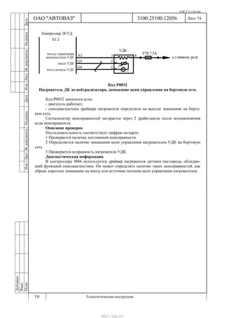 ГОСТ 3.1105-84
Лист 74Дубликат
Взам.
Подп.
3100.25100.12056
ТИ Технологическая инструкция
ОАО "АВТОВАЗ"
ИзмЛист№документаПодписьДатаИзм.Лист№документаПодписьДата
Код Р0032
Нагреватель ДК до нейтрализатора, замыкание цепи управления на бортовую сеть
Код Р0032 заносится если:
- двигатель работает;
- самодиагностика драйвера нагревателя определила на выходе замыкание на борто-
вую сеть.
Сигнализатор неисправностей загорается через 2 драйв-цикла после возникновения
кода неисправности.
Описание проверок
Последовательность соответствует цифрам на карте.
1 Проверяется наличие постоянной неисправности.
2 Определяется наличие замыкания цепи управления нагревателем УДК на бортовую
сеть.
3 Проверяется исправность нагревателя УДК.
Диагностическая информация
В контроллере M86 используется драйвер нагревателя датчика кислорода, обладаю-
щий функцией самодиагностики. Он может определять наличие таких неисправностей, как
обрыв, короткое замыкание на массу или источник питания цепи управления нагревателем.
http://vnx.su/
 