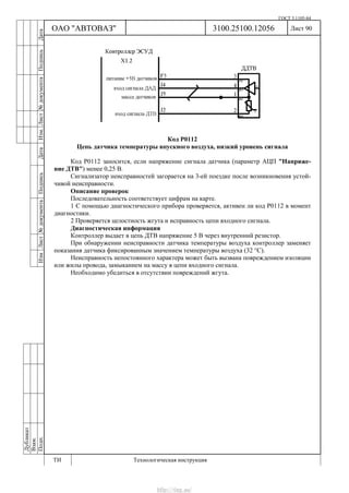 ГОСТ 3.1105-84
Лист 90Дубликат
Взам.
Подп.
3100.25100.12056
ТИ Технологическая инструкция
ОАО "АВТОВАЗ"
ИзмЛист№документаПодписьДатаИзм.Лист№документаПодписьДата
Код Р0112
Цепь датчика температуры впускного воздуха, низкий уровень сигнала
Код Р0112 заносится, если напряжение сигнала датчика (параметр АЦП "Напряже-
ние ДТВ") менее 0,25 В.
Сигнализатор неисправностей загорается на 3-ей поездке после возникновения устой-
чивой неисправности.
Описание проверок
Последовательность соответствует цифрам на карте.
1 С помощью диагностического прибора проверяется, активен ли код Р0112 в момент
диагностики.
2 Проверяется целостность жгута и исправность цепи входного сигнала.
Диагностическая информация
Контроллер выдает в цепь ДТВ напряжение 5 В через внутренний резистор.
При обнаружении неисправности датчика температуры воздуха контроллер заменяет
показания датчика фиксированным значением температуры воздуха (32 °С).
Неисправность непостоянного характера может быть вызвана повреждением изоляции
или жилы провода, замыканием на массу в цепи входного сигнала.
Необходимо убедиться в отсутствии повреждений жгута.
http://vnx.su/
 