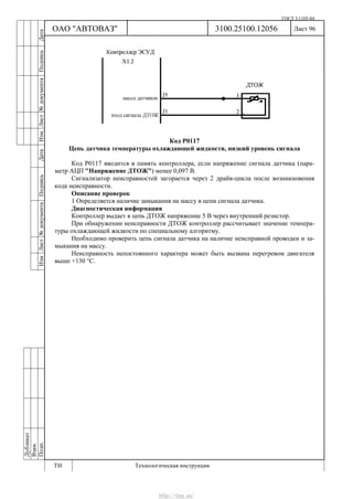 ГОСТ 3.1105-84
Лист 96Дубликат
Взам.
Подп.
3100.25100.12056
ТИ Технологическая инструкция
ОАО "АВТОВАЗ"
ИзмЛист№документаПодписьДатаИзм.Лист№документаПодписьДата
Код Р0117
Цепь датчика температуры охлаждающей жидкости, низкий уровень сигнала
Код Р0117 вводится в память контроллера, если напряжение сигнала датчика (пара-
метр АЦП "Напряжение ДТОЖ") менее 0,097 В.
Сигнализатор неисправностей загорается через 2 драйв-цикла после возникновения
кода неисправности.
Описание проверок
1 Определяется наличие замыкания на массу в цепи сигнала датчика.
Диагностическая информация
Контроллер выдает в цепь ДТОЖ напряжение 5 В через внутренний резистор.
При обнаружении неисправности ДТОЖ контроллер рассчитывает значение темпера-
туры охлаждающей жидкости по специальному алгоритму.
Необходимо проверить цепь сигнала датчика на наличие неисправной проводки и за-
мыкания на массу.
Неисправность непостоянного характера может быть вызвана перегревом двигателя
выше +130 °С.
http://vnx.su/
 