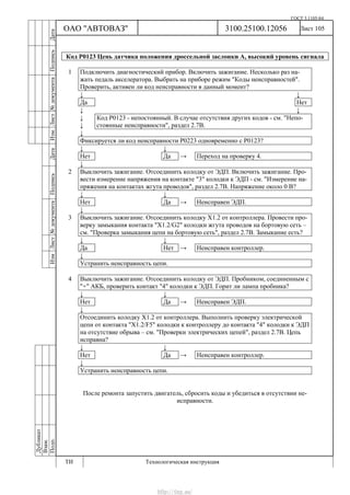 ГОСТ 3.1105-84
Лист 105
Дубликат
Взам.
Подп.
3100.25100.12056
ТИ Технологическая инструкция
ОАО "АВТОВАЗ"
ИзмЛист№документаПодписьДатаИзм.Лист№документаПодписьДата
Код Р0123 Цепь датчика положения дроссельной заслонки А, высокий уровень сигнала
1 Подключить диагностический прибор. Включить зажигание. Несколько раз на-
жать педаль акселератора. Выбрать на приборе режим "Коды неисправностей".
Проверить, активен ли код неисправности в данный момент?
↓ ↓
Да Нет
↓ ↓
↓
↓
Код Р0123 - непостоянный. В случае отсутствия других кодов - см. "Непо-
стоянные неисправности", раздел 2.7В.
↓
Фиксируется ли код неисправности Р0223 одновременно с Р0123?
↓ ↓
Нет Да → Переход на проверку 4.
↓
2 Выключить зажигание. Отсоединить колодку от ЭДП. Включить зажигание. Про-
вести измерение напряжения на контакте "3" колодки к ЭДП - см. "Измерение на-
пряжения на контактах жгута проводов", раздел 2.7В. Напряжение около 0 В?
↓ ↓
Нет Да → Неисправен ЭДП.
↓
3 Выключить зажигание. Отсоединить колодку Х1.2 от контроллера. Провести про-
верку замыкания контакта "Х1.2/G2" колодки жгута проводов на бортовую сеть –
см. "Проверка замыкания цепи на бортовую сеть", раздел 2.7В. Замыкание есть?
↓ ↓
Да Нет → Неисправен контроллер.
↓
Устранить неисправность цепи.
4 Выключить зажигание. Отсоединить колодку от ЭДП. Пробником, соединенным с
"+" АКБ, проверить контакт "4" колодки к ЭДП. Горит ли лампа пробника?
↓ ↓
Нет Да → Неисправен ЭДП.
↓
Отсоединить колодку Х1.2 от контроллера. Выполнить проверку электрической
цепи от контакта "Х1.2/F5" колодки к контроллеру до контакта "4" колодки к ЭДП
на отсутствие обрыва – см. "Проверки электрических цепей", раздел 2.7В. Цепь
исправна?
↓ ↓
Нет Да → Неисправен контроллер.
↓
Устранить неисправность цепи.
После ремонта запустить двигатель, сбросить коды и убедиться в отсутствии не-
исправности.
http://vnx.su/
 