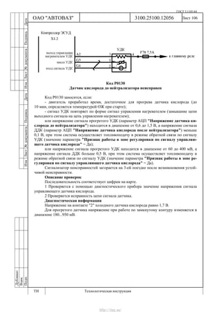 ГОСТ 3.1105-84
Лист 106Дубликат
Взам.
Подп.
3100.25100.12056
ТИ Технологическая инструкция
ОАО "АВТОВАЗ"
ИзмЛист№документаПодписьДатаИзм.Лист№документаПодписьДата
Код Р0130
Датчик кислорода до нейтрализатора неисправен
Код Р0130 заносится, если:
- двигатель проработал время, достаточное для прогрева датчика кислорода (до
10 мин, определяется температурой ОЖ при старте);
- сигнал УДК повторяет по форме сигнал управления нагревателем (замыкание цепи
выходного сигнала на цепь управления нагревателем);
или напряжение сигнала прогретого УДК (параметр АЦП "Напряжение датчика ки-
слорода до нейтрализатора") находится в диапазоне от 0,6 до 1,5 В, а напряжение сигнала
ДДК (параметр АЦП "Напряжение датчика кислорода после нейтрализатора") меньше
0,1 В, при этом система осуществляет топливоподачу в режиме обратной связи по сигналу
УДК (значение параметра "Признак работы в зоне регулировки по сигналу управляю-
щего датчика кислорода" = Да);
или напряжение сигнала прогретого УДК находится в диапазоне от 60 до 400 мВ, а
напряжение сигнала ДДК больше 0,5 В, при этом система осуществляет топливоподачу в
режиме обратной связи по сигналу УДК (значение параметра "Признак работы в зоне ре-
гулировки по сигналу управляющего датчика кислорода" = Да).
Сигнализатор неисправностей загорается на 3-ей поездке после возникновения устой-
чивой неисправности.
Описание проверок
Последовательность соответствует цифрам на карте.
1 Проверяется с помощью диагностического прибора значение напряжения сигнала
управляющего датчика кислорода.
2 Проверяется исправность цепи сигнала датчика.
Диагностическая информация
Напряжение на контакте "2" холодного датчика кислорода равно 1,7 В.
Для прогретого датчика напряжение при работе по замкнутому контуру изменяется в
диапазоне 180...950 мВ.
http://vnx.su/
 