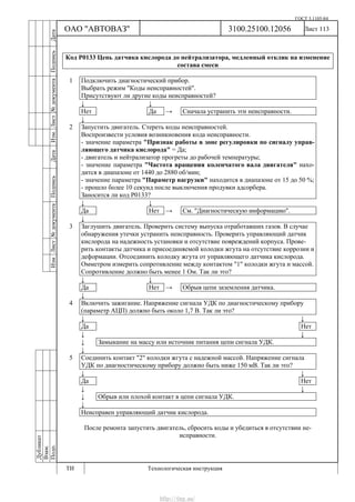 ГОСТ 3.1105-84
Лист 113
Дубликат
Взам.
Подп.
3100.25100.12056
ТИ Технологическая инструкция
ОАО "АВТОВАЗ"
ИзмЛист№документаПодписьДатаИзм.Лист№документаПодписьДата
Код Р0133 Цепь датчика кислорода до нейтрализатора, медленный отклик на изменение
состава смеси
1 Подключить диагностический прибор.
Выбрать режим "Коды неисправностей".
Присутствуют ли другие коды неисправностей?
↓ ↓
Нет Да → Сначала устранить эти неисправности.
↓
2 Запустить двигатель. Стереть коды неисправностей.
Воспроизвести условия возникновения кода неисправности.
- значение параметра "Признак работы в зоне регулировки по сигналу управ-
ляющего датчика кислорода" = Да;
- двигатель и нейтрализатор прогреты до рабочей температуры;
- значение параметра "Частота вращения коленчатого вала двигателя" нахо-
дится в диапазоне от 1440 до 2880 об/мин;
- значение параметра "Параметр нагрузки" находится в диапазоне от 15 до 50 %;
- прошло более 10 секунд после выключения продувки адсорбера.
Заносится ли код Р0133?
↓ ↓
Да Нет → См. "Диагностическую информацию".
↓
3 Заглушить двигатель. Проверить систему выпуска отработавших газов. В случае
обнаружения утечки устранить неисправность. Проверить управляющий датчик
кислорода на надежность установки и отсутствие повреждений корпуса. Прове-
рить контакты датчика и присоединяемой колодки жгута на отсутствие коррозии и
деформации. Отсоединить колодку жгута от управляющего датчика кислорода.
Омметром измерить сопротивление между контактом "1" колодки жгута и массой.
Сопротивление должно быть менее 1 Ом. Так ли это?
↓ ↓
Да Нет → Обрыв цепи заземления датчика.
↓
4 Включить зажигание. Напряжение сигнала УДК по диагностическому прибору
(параметр АЦП) должно быть около 1,7 В. Так ли это?
↓ ↓
Да Нет
↓ ↓
↓ Замыкание на массу или источник питания цепи сигнала УДК.
↓
5 Соединить контакт "2" колодки жгута с надежной массой. Напряжение сигнала
УДК по диагностическому прибору должно быть ниже 150 мВ. Так ли это?
↓ ↓
Да Нет
↓ ↓
↓ Обрыв или плохой контакт в цепи сигнала УДК.
↓
Неисправен управляющий датчик кислорода.
После ремонта запустить двигатель, сбросить коды и убедиться в отсутствии не-
исправности.
http://vnx.su/
 