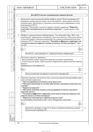 ГОСТ 3.1105-84
Лист 131
Дубликат
Взам.
Подп.
3100.25100.12056
ТИ Технологическая инструкция
ОАО "АВТОВАЗ"
ИзмЛист№документаПодписьДатаИзм.Лист№документаПодписьДата
Код Р0172 Система топливоподачи слишком богатая
1 Подключить диагностический прибор. Выбрать режим "Коды неисправностей".
Проверить наличие других кодов, и если они имеются - использовать соответст-
вующие карты. Просмотреть и запомнить дополнительную информацию к коду
неисправности Р0172.
В режиме "Мониторинг сигналов" сравнить значение параметра "Параметр
адаптации топливоподачи на частичных нагрузках" с приведенным в табл.
2.4-01.
↓
2 Выбрать в диагностическом приборе режим: "Тест функций; Сброс ЭБУ с ини-
циализацией". Перезагрузить контроллер. Запустить двигатель. Используя диагно-
стический прибор, попытаться воспроизвести условия возникновения кода неис-
правности Р0172. Значение параметра "Текущий коэффициент коррекции дли-
тельности импульса впрыска топлива по сигналу датчика кислорода" мень-
ше 0,8?
↓ ↓
Да Нет
↓ ↓
↓ Код Р0172 - непостоянный. См. "Диагностическую информацию".
↓
3 Заглушить двигатель. Проверить:
- фильтрующий элемент воздушного фильтра на наличие загрязнения;
- шланг впускной трубы, ЭДП на наличие повреждений, препятствующих проходу
воздуха.
Обнаружена ли неисправность?
↓ ↓
Нет Да
↓ ↓
↓ После устранения неисправности выполнить проверку №2. 4
↓
3 Запустить двигатель. На холостом ходу, используя диагностический прибор, срав-
нить значения параметров:
- "Частота вращения коленчатого вала двигателя";
- "Цикловое наполнение по датчику абсолютного давления во впускном кол-
лекторе";
- "Параметр нагрузки";
- "Желаемое изменение момента для поддержания холостого хода (инте-
гральная часть)";
- "Текущий коэффициент коррекции длительности импульса впрыска топ-
лива по сигналу датчика кислорода";
- "Параметр адаптации регулировки холостого хода"
со значениями, указанными в табл. 2.4-01. Обнаружены замечания?
↓ ↓
Нет Да
↓ ↓
↓
↓
Выполнить проверку по карте С-4. После устранения выявленных замеча-
ний выполнить проверку №2.
4
↓
↓
↓
↓
http://vnx.su/
 