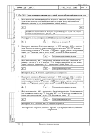 ГОСТ 3.1105-84
Лист 139
Дубликат
Взам.
Подп.
3100.25100.12056
ТИ Технологическая инструкция
ОАО "АВТОВАЗ"
ИзмЛист№документаПодписьДатаИзм.Лист№документаПодписьДата
Код Р0222 Цепь датчика положения дроссельной заслонки B, низкий уровень сигнала
1 Подключить диагностический прибор. Включить зажигание. Несколько раз на-
жать педаль акселератора. Выбрать на приборе режим "Коды неисправностей".
Проверить, активен ли код неисправности в данный момент?
↓ ↓
Да Нет
↓ ↓
↓
↓
Код Р0222 - непостоянный. В случае отсутствия других кодов - см. "Непо-
стоянные неисправности", раздел 2.7В.
↓
Фиксируется ли код неисправности Р0122 одновременно с Р0222?
↓ ↓
Нет Да → Переход на проверку 4.
↓
2 Выключить зажигание. Отсоединить колодку от ЭДП и колодку Х1.2 от контрол-
лера. Выполнить проверки электрической цепи от контакта "Х1.2/G3" колодки к
контроллеру до контакта "6" колодки к ЭДП на отсутствие обрыва и замыкания на
массу – см. "Проверки электрических цепей", раздел 2.7В. Цепь исправна?
↓ ↓
Да Нет → Устранить неисправность цепи.
↓
3 Подключить колодку Х1.2 к контроллеру. Включить зажигание. Пробником пе-
ремкнуть контакты "6" и "5" колодки к ЭДП. Выбрать на приборе режим "Мони-
торинг сигналов; Параметры АЦП". Напряжение ДПДЗ В равно 5 В?
↓ ↓
Да Нет → Неисправен контроллер.
↓
Неисправен ДПДЗ B. Заменить ЭДП на заведомо исправный.
4 Выключить зажигание. Отсоединить колодку от ЭДП и колодку Х1.2 от контрол-
лера. Выполнить проверки электрической цепи от контакта "Х1.2/E3" колодки к
контроллеру до контакта "5" колодки к ЭДП на отсутствие обрыва и замыкания на
массу – см. "Проверки электрических цепей", раздел 2.7В. Цепь исправна?
↓ ↓
Да Нет → Устранить неисправность цепи.
↓
5 Подключить колодку Х1.2 к контроллеру. Включить зажигание. Провести измере-
ние напряжения на контакте "5" колодки к ЭДП - см. "Измерение напряжения на
контактах жгута проводов", раздел 2.7В. Напряжение равно 5 В?
↓ ↓
Да Нет → Неисправен контроллер.
↓
Неисправен ЭДП. Заменить ЭДП на заведомо исправный.
После ремонта запустить двигатель, сбросить коды и убедиться в отсутствии не-
исправности.
http://vnx.su/
 