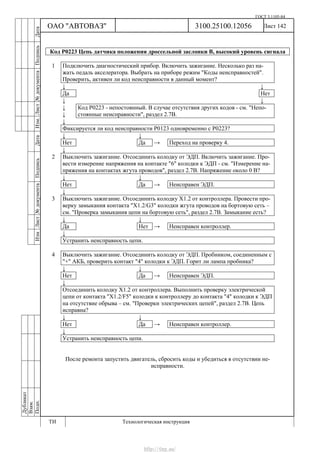 ГОСТ 3.1105-84
Лист 142Дубликат
Взам.
Подп.
3100.25100.12056
ТИ Технологическая инструкция
ОАО "АВТОВАЗ"
ИзмЛист№документаПодписьДатаИзм.Лист№документаПодписьДата
Код Р0223 Цепь датчика положения дроссельной заслонки В, высокий уровень сигнала
1 Подключить диагностический прибор. Включить зажигание. Несколько раз на-
жать педаль акселератора. Выбрать на приборе режим "Коды неисправностей".
Проверить, активен ли код неисправности в данный момент?
↓ ↓
Да Нет
↓ ↓
↓
↓
Код Р0223 - непостоянный. В случае отсутствия других кодов - см. "Непо-
стоянные неисправности", раздел 2.7В.
↓
Фиксируется ли код неисправности Р0123 одновременно с Р0223?
↓ ↓
Нет Да → Переход на проверку 4.
↓
2 Выключить зажигание. Отсоединить колодку от ЭДП. Включить зажигание. Про-
вести измерение напряжения на контакте "6" колодки к ЭДП - см. "Измерение на-
пряжения на контактах жгута проводов", раздел 2.7В. Напряжение около 0 В?
↓ ↓
Нет Да → Неисправен ЭДП.
↓
3 Выключить зажигание. Отсоединить колодку Х1.2 от контроллера. Провести про-
верку замыкания контакта "Х1.2/G3" колодки жгута проводов на бортовую сеть –
см. "Проверка замыкания цепи на бортовую сеть", раздел 2.7В. Замыкание есть?
↓ ↓
Да Нет → Неисправен контроллер.
↓
Устранить неисправность цепи.
4 Выключить зажигание. Отсоединить колодку от ЭДП. Пробником, соединенным с
"+" АКБ, проверить контакт "4" колодки к ЭДП. Горит ли лампа пробника?
↓ ↓
Нет Да → Неисправен ЭДП.
↓
Отсоединить колодку Х1.2 от контроллера. Выполнить проверку электрической
цепи от контакта "Х1.2/F5" колодки к контроллеру до контакта "4" колодки к ЭДП
на отсутствие обрыва – см. "Проверки электрических цепей", раздел 2.7В. Цепь
исправна?
↓ ↓
Нет Да → Неисправен контроллер.
↓
Устранить неисправность цепи.
После ремонта запустить двигатель, сбросить коды и убедиться в отсутствии не-
исправности.
http://vnx.su/
 