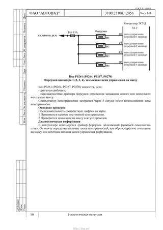 ГОСТ 3.1105-84
Лист 143
Дубликат
Взам.
Подп.
3100.25100.12056
ТИ Технологическая инструкция
ОАО "АВТОВАЗ"
ИзмЛист№документаПодписьДатаИзм.Лист№документаПодписьДата
Код Р0261 (Р0264, Р0267, Р0270)
Форсунка цилиндра 1 (2, 3, 4), замыкание цепи управления на массу
Код Р0261 (Р0264, Р0267, Р0270) заносится, если:
- двигатель работает;
- самодиагностика драйвера форсунок определила замыкание одного или нескольких
выходов на массу.
Сигнализатор неисправностей загорается через 5 секунд после возникновения кода
неисправности.
Описание проверок
Последовательность соответствует цифрам на карте.
1 Проверяется наличие постоянной неисправности.
2 Проверяется замыкание на массу в жгуте проводов.
Диагностическая информация
В контроллере используется драйвер форсунок, обладающий функцией самодиагно-
стики. Он может определять наличие таких неисправностей, как обрыв, короткое замыкание
на массу или источник питания цепей управления форсунками.
http://vnx.su/
 