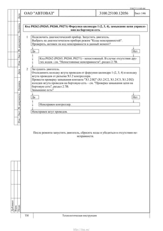ГОСТ 3.1105-84
Лист 146Дубликат
Взам.
Подп.
3100.25100.12056
ТИ Технологическая инструкция
ОАО "АВТОВАЗ"
ИзмЛист№документаПодписьДатаИзм.Лист№документаПодписьДата
Код Р0262 (Р0265, Р0268, Р0271) Форсунка цилиндра 1 (2, 3, 4), замыкание цепи управле-
ния на бортовую сеть
1 Подключить диагностический прибор. Запустить двигатель.
Выбрать на диагностическом приборе режим "Коды неисправностей".
Проверить, активен ли код неисправности в данный момент?
↓ ↓
Да Нет
↓ ↓
↓
↓
Код Р0262 (Р0265, Р0268, Р0271) - непостоянный. В случае отсутствия дру-
гих кодов - см. "Непостоянные неисправности", раздел 2.7В.
↓
2 Заглушить двигатель.
Отсоединить колодку жгута проводов от форсунки цилиндра 1 (2, 3, 4) и колодку
жгута проводов от разъема Х1.2 контроллера.
Провести проверку замыкания контакта "Х1.2/В2" (X1.2/С2, X1.2/С3, X1.2/D2)
колодки жгута проводов на бортовую сеть – см. "Проверка замыкания цепи на
бортовую сеть", раздел 2.7В.
Замыкание есть?
↓ ↓
Да Нет
↓ ↓
↓ Неисправен контроллер.
↓
Неисправен жгут проводов.
После ремонта запустить двигатель, сбросить коды и убедиться в отсутствии не-
исправности.
http://vnx.su/
 