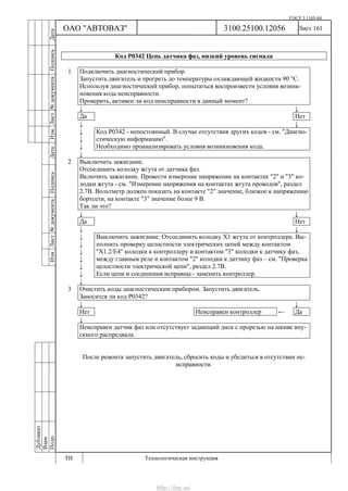 ГОСТ 3.1105-84
Лист 161
Дубликат
Взам.
Подп.
3100.25100.12056
ТИ Технологическая инструкция
ОАО "АВТОВАЗ"
ИзмЛист№документаПодписьДатаИзм.Лист№документаПодписьДата
Код Р0342 Цепь датчика фаз, низкий уровень сигнала
1 Подключить диагностический прибор.
Запустить двигатель и прогреть до температуры охлаждающей жидкости 90 °С.
Используя диагностический прибор, попытаться воспроизвести условия возник-
новения кода неисправности.
Проверить, активен ли код неисправности в данный момент?
↓ ↓
Да Нет
↓ ↓
↓
↓
↓
Код Р0342 - непостоянный. В случае отсутствия других кодов - см. "Диагно-
стическую информацию".
Необходимо проанализировать условия возникновения кода.
↓
2 Выключить зажигание.
Отсоединить колодку жгута от датчика фаз.
Включить зажигание. Провести измерение напряжение на контактах "2" и "3" ко-
лодки жгута - см. "Измерение напряжения на контактах жгута проводов", раздел
2.7В. Вольтметр должен показать на контакте "2" значение, близкое к напряжению
бортсети, на контакте "3" значение более 9 В.
Так ли это?
↓ ↓
Да Нет
↓ ↓
↓
↓
↓
↓
↓
↓
Выключить зажигание. Отсоединить колодку Х1 жгута от контроллера. Вы-
полнить проверку целостности электрических цепей между контактом
"Х1.2/Е4" колодки к контроллеру и контактом "3" колодки к датчику фаз,
между главным реле и контактом "2" колодки к датчику фаз – см. "Проверка
целостности электрической цепи", раздел 2.7В.
Если цепи и соединения исправны - заменить контроллер.
↓
3 Очистить коды диагностическим прибором. Запустить двигатель.
Заносится ли код Р0342?
↓ ↓
Нет Неисправен контроллер ← Да
↓
Неисправен датчик фаз или отсутствует задающий диск с прорезью на шкиве впу-
скного распредвала.
После ремонта запустить двигатель, сбросить коды и убедиться в отсутствии не-
исправности.
http://vnx.su/
 