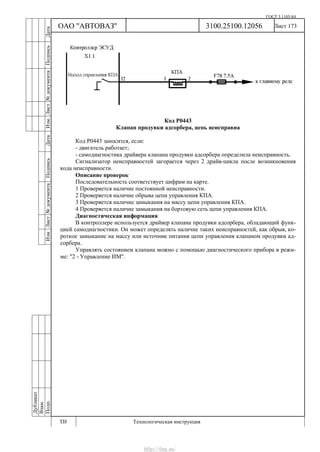 ГОСТ 3.1105-84
Лист 173
Дубликат
Взам.
Подп.
3100.25100.12056
ТИ Технологическая инструкция
ОАО "АВТОВАЗ"
ИзмЛист№документаПодписьДатаИзм.Лист№документаПодписьДата
Код Р0443
Клапан продувки адсорбера, цепь неисправна
Код Р0443 заносится, если:
- двигатель работает;
- самодиагностика драйвера клапана продувки адсорбера определила неисправность.
Сигнализатор неисправностей загорается через 2 драйв-цикла после возникновения
кода неисправности.
Описание проверок
Последовательность соответствует цифрам на карте.
1 Проверяется наличие постоянной неисправности.
2 Проверяется наличие обрыва цепи управления КПА.
3 Проверяется наличие замыкания на массу цепи управления КПА.
4 Проверяется наличие замыкания на бортовую сеть цепи управления КПА.
Диагностическая информация
В контроллере используется драйвер клапана продувки адсорбера, обладающий функ-
цией самодиагностики. Он может определять наличие таких неисправностей, как обрыв, ко-
роткое замыкание на массу или источник питания цепи управления клапаном продувки ад-
сорбера.
Управлять состоянием клапана можно с помощью диагностического прибора в режи-
ме: "2 - Управление ИМ".
http://vnx.su/
 