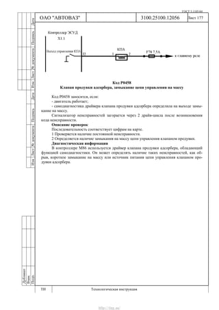 ГОСТ 3.1105-84
Лист 177
Дубликат
Взам.
Подп.
3100.25100.12056
ТИ Технологическая инструкция
ОАО "АВТОВАЗ"
ИзмЛист№документаПодписьДатаИзм.Лист№документаПодписьДата
Код Р0458
Клапан продувки адсорбера, замыкание цепи управления на массу
Код Р0458 заносится, если:
- двигатель работает;
- самодиагностика драйвера клапана продувки адсорбера определила на выходе замы-
кание на массу.
Сигнализатор неисправностей загорается через 2 драйв-цикла после возникновения
кода неисправности.
Описание проверок
Последовательность соответствует цифрам на карте.
1 Проверяется наличие постоянной неисправности.
2 Определяется наличие замыкания на массу цепи управления клапаном продувки.
Диагностическая информация
В контроллере M86 используется драйвер клапана продувки адсорбера, обладающий
функцией самодиагностики. Он может определять наличие таких неисправностей, как об-
рыв, короткое замыкание на массу или источник питания цепи управления клапаном про-
дувки адсорбера.
http://vnx.su/
 