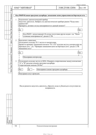 ГОСТ 3.1105-84
Лист 180Дубликат
Взам.
Подп.
3100.25100.12056
ТИ Технологическая инструкция
ОАО "АВТОВАЗ"
ИзмЛист№документаПодписьДатаИзм.Лист№документаПодписьДата
Код Р0459 Клапан продувки адсорбера, замыкание цепи управления на бортовую сеть
1 Подключить диагностический прибор.
Запустить двигатель. Выбрать на диагностическом приборе режим "Коды неис-
правностей".
Проверить, активен ли код неисправности в данный момент?
↓ ↓
Да Нет
↓ ↓
↓
↓
Код Р0459 - непостоянный. В случае отсутствия других кодов - см. "Непо-
стоянные неисправности", раздел 2.7В.
↓
2 Выключить зажигание.
Отсоединить колодку Х1.1 жгута от контроллера.
Провести проверку замыкания контакта "X1.1/J2" колодки жгута к контроллеру на
бортовую сеть – см. "Проверка замыкания цепи на бортовую сеть", раздел 2.7В.
Замыкание есть?
↓ ↓
Да Нет
↓ ↓
↓ Неисправен контроллер.
↓
3 Отсоединить колодку жгута от КПА. Измерить сопротивление между контактами
"А" и "В" разъема клапана продувки адсорбера.
Сопротивление меньше 20 Ом?
↓ ↓
Нет Да → Неисправен клапан продувки адсорбера.
↓
Неисправен жгут проводов.
После ремонта запустить двигатель, сбросить коды и убедиться в отсутствии не-
исправности.
http://vnx.su/
 