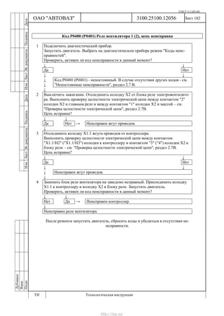 ГОСТ 3.1105-84
Лист 182Дубликат
Взам.
Подп.
3100.25100.12056
ТИ Технологическая инструкция
ОАО "АВТОВАЗ"
ИзмЛист№документаПодписьДатаИзм.Лист№документаПодписьДата
Код Р0480 (Р0481) Реле вентилятора 1 (2), цепь неисправна
1 Подключить диагностический прибор.
Запустить двигатель. Выбрать на диагностическом приборе режим "Коды неис-
правностей".
Проверить, активен ли код неисправности в данный момент?
↓ ↓
Да Нет
↓ ↓
↓
↓
Код Р0480 (Р0481) - непостоянный. В случае отсутствия других кодов - см.
"Непостоянные неисправности", раздел 2.7 В.
↓
2 Выключить зажигание. Отсоединить колодку Х2 от блока реле электровентилято-
ра. Выполнить проверку целостности электрической цепи между контактом "2"
колодки Х2 и главным реле и между контактом "1" колодки Х2 и массой – см.
"Проверка целостности электрической цепи", раздел 2.7В.
Цепь исправна?
↓ ↓
Да Нет → Неисправен жгут проводов.
↓
3 Отсоединить колодку Х1.1 жгута проводов от контроллера.
Выполнить проверку целостности электрической цепи между контактом
"X1.1/Н2" ("X1.1/Н3") колодки к контроллеру и контактом "3" ("4") колодки Х2 к
блоку реле – см. "Проверка целостности электрической цепи", раздел 2.7В.
Цепь исправна?
↓ ↓
Да Нет
↓ ↓
↓ Неисправен жгут проводов.
↓
4 Заменить блок реле вентилятора на заведомо исправный. Присоединить колодку
Х1.1 к контроллеру и колодку Х2 к блоку реле. Запустить двигатель.
Проверить, активен ли код неисправности в данный момент?
↓ ↓
Нет Да → Неисправен контроллер.
↓
Неисправно реле вентилятора.
После ремонта запустить двигатель, сбросить коды и убедиться в отсутствии не-
исправности.
http://vnx.su/
 
