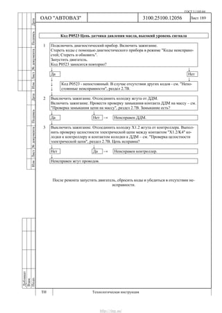ГОСТ 3.1105-84
Лист 189
Дубликат
Взам.
Подп.
3100.25100.12056
ТИ Технологическая инструкция
ОАО "АВТОВАЗ"
ИзмЛист№документаПодписьДатаИзм.Лист№документаПодписьДата
Код Р0523 Цепь датчика давления масла, высокий уровень сигнала
1 Подключить диагностический прибор. Включить зажигание.
Стереть коды с помощью диагностического прибора в режиме "Коды неиспрано-
стей; Стереть и обновить".
Запустить двигатель.
Код Р0523 заносится повторно?
↓ ↓
Да Нет
↓ ↓
↓
↓
Код Р0523 - непостоянный. В случае отсутствия других кодов - см. "Непо-
стоянные неисправности", раздел 2.7В.
↓
2 Выключить зажигание. Отсоединить колодку жгута от ДДМ.
Включить зажигание. Провести проверку замыкания контакта ДДМ на массу – см.
"Проверка замыкания цепи на массу", раздел 2.7В. Замыкание есть?
↓ ↓
Да Нет → Неисправен ДДМ.
↓
3 Выключить зажигание. Отсоединить колодку Х1.2 жгута от контроллера. Выпол-
нить проверку целостности электрической цепи между контактом "Х1.2/K4" ко-
лодки к контроллеру и контактом колодки к ДДМ – см. "Проверка целостности
электрической цепи", раздел 2.7В. Цепь исправна?
↓ ↓
Нет Да → Неисправен контроллер.
↓
Неисправен жгут проводов.
После ремонта запустить двигатель, сбросить коды и убедиться в отсутствии не-
исправности.
http://vnx.su/
 