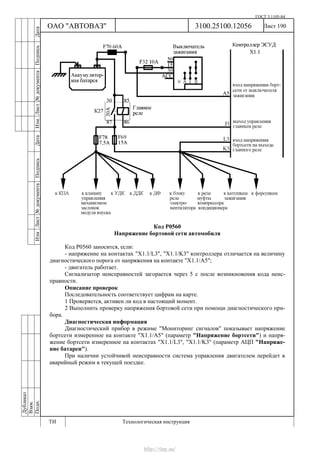 ГОСТ 3.1105-84
Лист 190Дубликат
Взам.
Подп.
3100.25100.12056
ТИ Технологическая инструкция
ОАО "АВТОВАЗ"
ИзмЛист№документаПодписьДатаИзм.Лист№документаПодписьДата
Код Р0560
Напряжение бортовой сети автомобиля
Код Р0560 заносится, если:
- напряжение на контактах "Х1.1/L3", "X1.1/K3" контроллера отличается на величину
диагностического порога от напряжения на контакте "Х1.1/A5";
- двигатель работает.
Сигнализатор неисправностей загорается через 5 с после возникновения кода неис-
правности.
Описание проверок
Последовательность соответствует цифрам на карте.
1 Проверяется, активен ли код в настоящий момент.
2 Выполнить проверку напряжения бортовой сети при помощи диагностического при-
бора.
Диагностическая информация
Диагностический прибор в режиме "Мониторинг сигналов" показывает напряжение
бортсети измеренное на контакте "Х1.1/A5" (параметр "Напряжение бортсети") и напря-
жение бортсети измеренное на контактах "Х1.1/L3", "X1.1/K3" (параметр АЦП "Напряже-
ние батареи").
При наличии устойчивой неисправности система управления двигателем перейдет в
аварийный режим в текущей поездке.
http://vnx.su/
 