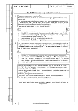 ГОСТ 3.1105-84
Лист 191
Дубликат
Взам.
Подп.
3100.25100.12056
ТИ Технологическая инструкция
ОАО "АВТОВАЗ"
ИзмЛист№документаПодписьДатаИзм.Лист№документаПодписьДата
Код Р0560 Напряжение бортовой сети автомобиля
1 Подключить диагностический прибор.
Запустить двигатель. Выбрать на диагностическом приборе режим "Коды неис-
правностей".
При наличии кодов по драйверной диагностике исполнительных механизмов (ко-
ды Р0032, Р0038, Р0262, Р0265, Р0268, Р0271, Р0459, Р0629, Р0647, Р0692, P0694)
перейти на соответствующие диагностические карты.
Проверить, активен ли код Р0560 в данный момент?
↓ ↓
Да Нет
↓ ↓
↓
↓
↓
↓
↓
Код Р0560 - непостоянный. В дополнительной информации к коду Р0560
найти значение параметра DLC (задержка до стирания кода неисправности
из памяти контроллера – см. раздел 2.4).
Если значение DLC>38, то выполнить проверку 2.
Если значение DLC<38, то стереть код.
↓
2 При отключенных электрических нагрузках определить напряжение бортовой се-
ти, фиксируемое диагностическим прибором. Значения напряжений для параметра
"Напряжение бортсети" и параметра АЦП "Напряжение батареи" отличаются
друг от друга более, чем на 3 В?
↓ ↓
Да Нет
↓ ↓
↓
↓
↓
↓
↓
Код Р0560 - непостоянный. Выполнить проверку целостности электриче-
ской цепи до контактов "Х1.1/L3", "X1.1/K3", "Х1.1/A5" колодки к контрол-
леру - см. "Проверка целостности электрической цепи", раздел 2.7В. Выпол-
нить проверку силовых цепей и цепи управления главным реле в соответст-
вии с картой А-4.
↓
Выполнить проверку целостности электрической цепи до контактов "Х1.1/L3",
"X1.1/K3", "Х1.1/A5" колодки к контроллеру - см. "Проверка целостности элек-
трической цепи", раздел 2.7В.
Выполнить проверку силовых цепей и цепи управления главным реле в соответст-
вии с картой А-4.
Устранить обнаруженные неисправности.
Стереть код неисправности и воспроизвести условия возникновения кода.
При повторном занесении кода заменить контроллер.
После ремонта запустить двигатель, сбросить коды и убедиться в отсутствии не-
исправности.
http://vnx.su/
 