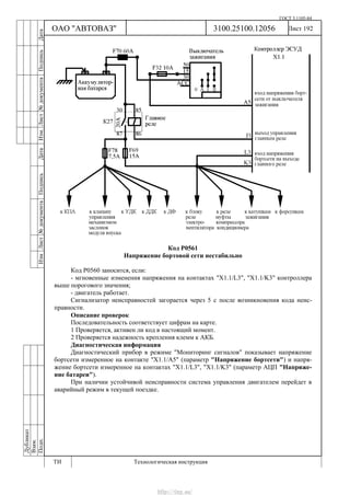 ГОСТ 3.1105-84
Лист 192Дубликат
Взам.
Подп.
3100.25100.12056
ТИ Технологическая инструкция
ОАО "АВТОВАЗ"
ИзмЛист№документаПодписьДатаИзм.Лист№документаПодписьДата
Код Р0561
Напряжение бортовой сети нестабильно
Код Р0560 заносится, если:
- мгновенные изменения напряжения на контактах "Х1.1/L3", "X1.1/K3" контроллера
выше порогового значения;
- двигатель работает.
Сигнализатор неисправностей загорается через 5 с после возникновения кода неис-
правности.
Описание проверок
Последовательность соответствует цифрам на карте.
1 Проверяется, активен ли код в настоящий момент.
2 Проверяется надежность крепления клемм к АКБ.
Диагностическая информация
Диагностический прибор в режиме "Мониторинг сигналов" показывает напряжение
бортсети измеренное на контакте "Х1.1/A5" (параметр "Напряжение бортсети") и напря-
жение бортсети измеренное на контактах "Х1.1/L3", "X1.1/K3" (параметр АЦП "Напряже-
ние батареи").
При наличии устойчивой неисправности система управления двигателем перейдет в
аварийный режим в текущей поездке.
http://vnx.su/
 