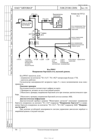 ГОСТ 3.1105-84
Лист 196Дубликат
Взам.
Подп.
3100.25100.12056
ТИ Технологическая инструкция
ОАО "АВТОВАЗ"
ИзмЛист№документаПодписьДатаИзм.Лист№документаПодписьДата
Код Р0563
Напряжение бортовой сети, высокий уровень
Код Р0563 заносится, если:
- напряжение на контактах "Х1.1/L3", "X1.1/K3" контроллера больше 17 В;
- двигатель работает.
Сигнализатор неисправностей загорается через 5 с после возникновения кода неис-
правности.
Описание проверок
Последовательность соответствует цифрам на карте.
1 Проверяется, активен ли код в настоящий момент.
2 Выполнить проверку напряжения бортовой сети при помощи диагностического при-
бора.
3 Выполнить проверку напряжения бортовой сети на клеммах АКБ.
Диагностическая информация
Диагностический прибор в режиме "Мониторинг сигналов" показывает напряжение
бортсети измеренное на контакте "Х1.1/A5" (параметр "Напряжение бортсети") и напря-
жение бортсети измеренное на контактах "Х1.1/L3", "X1.1/K3" (параметр АЦП "Напряже-
ние батареи").
При наличии устойчивой неисправности система управления двигателем перейдет в
аварийный режим в текущей поездке.
http://vnx.su/
 