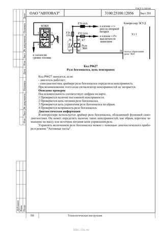 ГОСТ 3.1105-84
Лист 201
Дубликат
Взам.
Подп.
3100.25100.12056
ТИ Технологическая инструкция
ОАО "АВТОВАЗ"
ИзмЛист№документаПодписьДатаИзм.Лист№документаПодписьДата
Код Р0627
Реле бензонасоса, цепь неисправна
Код Р0627 заносится, если:
- двигатель работает;
- самодиагностика драйвера реле бензонасоса определила неисправность.
При возникновении этого кода сигнализатор неисправностей не загорается.
Описание проверок
Последовательность соответствует цифрам на карте.
1 Проверяется наличие постоянной неисправности.
2 Проверяется цепь питания реле бензонасоса.
3 Проверяется цепь управления реле бензонасоса на обрыв.
4 Проверяется исправность реле бензонасоса.
Диагностическая информация
В контроллере используется драйвер реле бензонасоса, обладающий функцией само-
диагностики. Он может определять наличие таких неисправностей, как обрыв, короткое за-
мыкание на массу или источник питания цепи управления реле.
Управлять включением реле бензонасоса можно с помощью диагностического прибо-
ра в режиме "Активные тесты".
http://vnx.su/
 