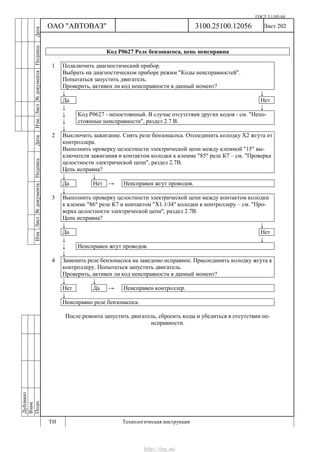 ГОСТ 3.1105-84
Лист 202Дубликат
Взам.
Подп.
3100.25100.12056
ТИ Технологическая инструкция
ОАО "АВТОВАЗ"
ИзмЛист№документаПодписьДатаИзм.Лист№документаПодписьДата
Код Р0627 Реле бензонасоса, цепь неисправна
1 Подключить диагностический прибор.
Выбрать на диагностическом приборе режим "Коды неисправностей".
Попытаться запустить двигатель.
Проверить, активен ли код неисправности в данный момент?
↓ ↓
Да Нет
↓ ↓
↓
↓
Код Р0627 - непостоянный. В случае отсутствия других кодов - см. "Непо-
стоянные неисправности", раздел 2.7 В.
↓
2 Выключить зажигание. Снять реле бензонасоса. Отсоединить колодку Х2 жгута от
контроллера.
Выполнить проверку целостности электрической цепи между клеммой "15" вы-
ключателя зажигания и контактом колодки к клемме "85" реле К7 – см. "Проверка
целостности электрической цепи", раздел 2.7В.
Цепь исправна?
↓ ↓
Да Нет → Неисправен жгут проводов.
↓
3 Выполнить проверку целостности электрической цепи между контактом колодки
к клемме "86" реле К7 и контактом "X1.1/J4" колодки к контроллеру – см. "Про-
верка целостности электрической цепи", раздел 2.7В.
Цепь исправна?
↓ ↓
Да Нет
↓ ↓
↓ Неисправен жгут проводов.
↓
4 Заменить реле бензонасоса на заведомо исправное. Присоединить колодку жгута к
контроллеру. Попытаться запустить двигатель.
Проверить, активен ли код неисправности в данный момент?
↓ ↓
Нет Да → Неисправен контроллер.
↓
Неисправно реле бензонасоса.
После ремонта запустить двигатель, сбросить коды и убедиться в отсутствии не-
исправности.
http://vnx.su/
 