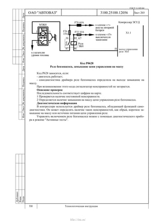 ГОСТ 3.1105-84
Лист 203
Дубликат
Взам.
Подп.
3100.25100.12056
ТИ Технологическая инструкция
ОАО "АВТОВАЗ"
ИзмЛист№документаПодписьДатаИзм.Лист№документаПодписьДата
Код Р0628
Реле бензонасоса, замыкание цепи управления на массу
Код Р628 заносится, если:
- двигатель работает;
- самодиагностика драйвера реле бензонасоса определила на выходе замыкание на
массу.
При возникновении этого кода сигнализатор неисправностей не загорается.
Описание проверок
Последовательность соответствует цифрам на карте.
1 Проверяется наличие постоянной неисправности.
2 Определяется наличие замыкания на массу цепи управления реле бензонасоса.
Диагностическая информация
В контроллере используется драйвер реле бензонасоса, обладающий функцией само-
диагностики. Он может определять наличие таких неисправностей, как обрыв, короткое за-
мыкание на массу или источник питания цепи управления реле.
Управлять включением реле бензонасоса можно с помощью диагностического прибо-
ра в режиме "Активные тесты".
http://vnx.su/
 