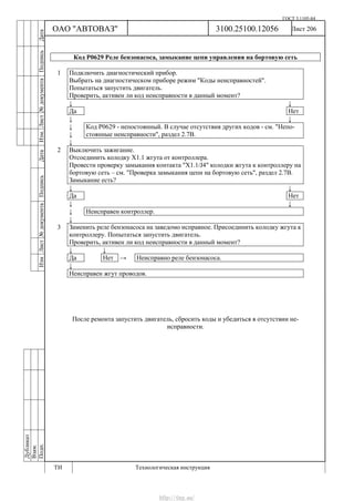 ГОСТ 3.1105-84
Лист 206Дубликат
Взам.
Подп.
3100.25100.12056
ТИ Технологическая инструкция
ОАО "АВТОВАЗ"
ИзмЛист№документаПодписьДатаИзм.Лист№документаПодписьДата
Код Р0629 Реле бензонасоса, замыкание цепи управления на бортовую сеть
1 Подключить диагностический прибор.
Выбрать на диагностическом приборе режим "Коды неисправностей".
Попытаться запустить двигатель.
Проверить, активен ли код неисправности в данный момент?
↓ ↓
Да Нет
↓ ↓
↓
↓
Код Р0629 - непостоянный. В случае отсутствия других кодов - см. "Непо-
стоянные неисправности", раздел 2.7В.
↓
2 Выключить зажигание.
Отсоединить колодку Х1.1 жгута от контроллера.
Провести проверку замыкания контакта "X1.1/J4" колодки жгута к контроллеру на
бортовую сеть – см. "Проверка замыкания цепи на бортовую сеть", раздел 2.7В.
Замыкание есть?
↓ ↓
Да Нет
↓ ↓
↓ Неисправен контроллер.
↓
3 Заменить реле бензонасоса на заведомо исправное. Присоединить колодку жгута к
контроллеру. Попытаться запустить двигатель.
Проверить, активен ли код неисправности в данный момент?
↓ ↓
Да Нет → Неисправно реле бензонасоса.
↓
Неисправен жгут проводов.
После ремонта запустить двигатель, сбросить коды и убедиться в отсутствии не-
исправности.
http://vnx.su/
 