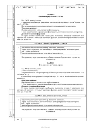 ГОСТ 3.1105-84
Лист 207
Дубликат
Взам.
Подп.
3100.25100.12056
ТИ Технологическая инструкция
ОАО "АВТОВАЗ"
ИзмЛист№документаПодписьДатаИзм.Лист№документаПодписьДата
Код Р062F
Ошибка внутреннего EEPROM
Код Р062F заносится, если:
- произошла ошибка при проведении контроллером внутреннего теста "чтение – за-
пись" в ЭРПЗУ.
При возникновении этого кода сигнализатор неисправностей не загорается.
Описание проверок
Последовательность соответствует цифрам на карте.
1 Если неисправность периодически фиксируется, необходимо заменить контроллер.
Диагностическая информация
В случае замены контроллера необходимо выполнить процедуру адаптации нуля
дроссельной заслонки и процедуру адаптации функции диагностики пропусков воспламене-
ния - см. раздел 1.1.
Код Р062F Ошибка внутреннего EEPROM
1 Подключить диагностический прибор. Включить зажигание.
Стереть коды с помощью диагностического прибора в режиме "Коды неиспрано-
стей; Стереть и обновить".
При повторном возникновении кода заменить контроллер.
После ремонта запустить двигатель, сбросить коды и убедиться в отсутствии не-
исправности.
Код Р0641
Цепь питания датчиков, обрыв
Код Р0641 заносится, если:
- зажигание включено;
- внутренние тесты контроллера определили отсутствие нагрузки в цепи питания +5 В
датчиков ЭСУД.
Сигнализатор неисправностей загорается через 5 с после возникновения кода неис-
правности.
Описание проверок
Последовательность соответствует цифрам на карте.
1 Если неисправность периодически фиксируется, необходимо заменить контроллер.
Диагностическая информация
В случае замены контроллера необходимо выполнить процедуру адаптации нуля
дроссельной заслонки и процедуру адаптации функции диагностики пропусков воспламене-
ния - см. раздел 1.1.
Код Р0641 Цепь питания датчиков, обрыв
1 Подключить диагностический прибор. Включить зажигание.
Стереть коды с помощью диагностического прибора в режиме "Коды неиспрано-
стей; Стереть и обновить".
При повторном возникновении кода заменить контроллер.
После ремонта запустить двигатель, сбросить коды и убедиться в отсутствии не-
исправности.
http://vnx.su/
 
