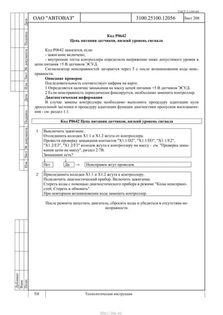ГОСТ 3.1105-84
Лист 208Дубликат
Взам.
Подп.
3100.25100.12056
ТИ Технологическая инструкция
ОАО "АВТОВАЗ"
ИзмЛист№документаПодписьДатаИзм.Лист№документаПодписьДата
Код Р0642
Цепь питания датчиков, низкий уровень сигнала
Код Р0642 заносится, если:
- зажигание включено;
- внутренние тесты контроллера определили напряжение ниже допустимого уровня в
цепи питания +5 В датчиков ЭСУД.
Сигнализатор неисправностей загорается через 5 с после возникновения кода неис-
правности.
Описание проверок
Последовательность соответствует цифрам на карте.
1 Определяется наличие замыкания на массу цепей питания +5 В датчиков ЭСУД.
2 Если неисправность периодически фиксируется, необходимо заменить контроллер.
Диагностическая информация
В случае замены контроллера необходимо выполнить процедуру адаптации нуля
дроссельной заслонки и процедуру адаптации функции диагностики пропусков воспламене-
ния - см. раздел 1.1.
Код Р0642 Цепь питания датчиков, низкий уровень сигнала
1 Выключить зажигание.
Отсоединить колодки Х1.1 и Х1.2 жгута от контроллера.
Провести проверку замыкания контактов "X1.1/D2", "X1.1/D3", "X1.1/E2",
"X1.2/E3", "X1.2/F3" колодок жгута к контроллеру на массу – см. "Проверка замы-
кания цепи на массу", раздел 2.7В.
Замыкание есть?
↓ ↓
Нет Да → Неисправен жгут проводов.
↓
2 Присоединить колодки Х1.1 и Х1.2 жгута к контроллеру.
Подключить диагностический прибор. Включить зажигание.
Стереть коды с помощью диагностического прибора в режиме "Коды неиспрано-
стей; Стереть и обновить".
При повторном возникновении кода заменить контроллер.
После ремонта запустить двигатель, сбросить коды и убедиться в отсутствии не-
исправности.
http://vnx.su/
 