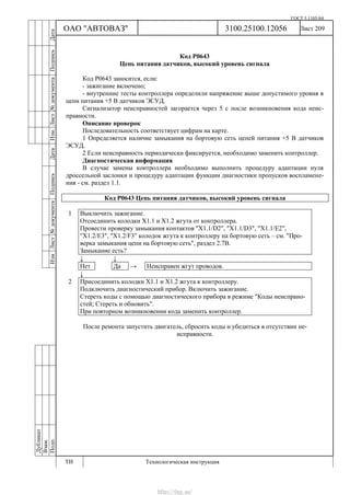ГОСТ 3.1105-84
Лист 209
Дубликат
Взам.
Подп.
3100.25100.12056
ТИ Технологическая инструкция
ОАО "АВТОВАЗ"
ИзмЛист№документаПодписьДатаИзм.Лист№документаПодписьДата
Код Р0643
Цепь питания датчиков, высокий уровень сигнала
Код Р0643 заносится, если:
- зажигание включено;
- внутренние тесты контроллера определили напряжение выше допустимого уровня в
цепи питания +5 В датчиков ЭСУД.
Сигнализатор неисправностей загорается через 5 с после возникновения кода неис-
правности.
Описание проверок
Последовательность соответствует цифрам на карте.
1 Определяется наличие замыкания на бортовую сеть цепей питания +5 В датчиков
ЭСУД.
2 Если неисправность периодически фиксируется, необходимо заменить контроллер.
Диагностическая информация
В случае замены контроллера необходимо выполнить процедуру адаптации нуля
дроссельной заслонки и процедуру адаптации функции диагностики пропусков воспламене-
ния - см. раздел 1.1.
Код Р0643 Цепь питания датчиков, высокий уровень сигнала
1 Выключить зажигание.
Отсоединить колодки Х1.1 и Х1.2 жгута от контроллера.
Провести проверку замыкания контактов "X1.1/D2", "X1.1/D3", "X1.1/E2",
"X1.2/E3", "X1.2/F3" колодок жгута к контроллеру на бортовую сеть – см. "Про-
верка замыкания цепи на бортовую сеть", раздел 2.7В.
Замыкание есть?
↓ ↓
Нет Да → Неисправен жгут проводов.
↓
2 Присоединить колодки Х1.1 и Х1.2 жгута к контроллеру.
Подключить диагностический прибор. Включить зажигание.
Стереть коды с помощью диагностического прибора в режиме "Коды неиспрано-
стей; Стереть и обновить".
При повторном возникновении кода заменить контроллер.
После ремонта запустить двигатель, сбросить коды и убедиться в отсутствии не-
исправности.
http://vnx.su/
 
