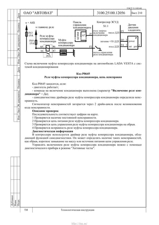 ГОСТ 3.1105-84
Лист 210Дубликат
Взам.
Подп.
3100.25100.12056
ТИ Технологическая инструкция
ОАО "АВТОВАЗ"
ИзмЛист№документаПодписьДатаИзм.Лист№документаПодписьДата
Схема включения муфты компрессора кондиционера на автомобилях LADA VESTA с сис-
темой кондиционирования
Код Р0645
Реле муфты компрессора кондиционера, цепь неисправна
Код Р0645 заносится, если:
- двигатель работает;
- команда на включение кондиционера выполнена (параметр "Включение реле кон-
диционера" = Да);
- самодиагностика драйвера реле муфты компрессора кондиционера определила неис-
правность.
Сигнализатор неисправностей загорается через 2 драйв-цикла после возникновения
кода неисправности.
Описание проверок
Последовательность соответствует цифрам на карте.
1 Проверяется наличие постоянной неисправности.
2 Проверяется цепь питания реле муфты компрессора кондиционера.
3 Проверяется цепь управления реле муфты компрессора кондиционера на обрыв.
4 Проверяется исправность реле муфты компрессора кондиционера.
Диагностическая информация
В контроллере используется драйвер реле муфты компрессора кондиционера, обла-
дающий функцией самодиагностики. Он может определять наличие таких неисправностей,
как обрыв, короткое замыкание на массу или источник питания цепи управления реле.
Управлять включением реле муфты компрессора кондиционера можно с помощью
диагностического прибора в режиме "Активные тесты".
http://vnx.su/
 