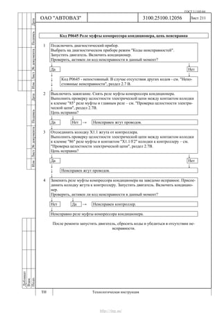 ГОСТ 3.1105-84
Лист 211
Дубликат
Взам.
Подп.
3100.25100.12056
ТИ Технологическая инструкция
ОАО "АВТОВАЗ"
ИзмЛист№документаПодписьДатаИзм.Лист№документаПодписьДата
Код Р0645 Реле муфты компрессора кондиционера, цепь неисправна
1 Подключить диагностический прибор.
Выбрать на диагностическом приборе режим "Коды неисправностей".
Запустить двигатель. Включить кондиционер.
Проверить, активен ли код неисправности в данный момент?
↓ ↓
Да Нет
↓ ↓
↓
↓
Код Р0645 - непостоянный. В случае отсутствия других кодов - см. "Непо-
стоянные неисправности", раздел 2.7 В.
↓
2 Выключить зажигание. Снять реле муфты компрессора кондиционера.
Выполнить проверку целостности электрической цепи между контактом колодки
к клемме "85" реле муфты и главным реле – см. "Проверка целостности электри-
ческой цепи", раздел 2.7В.
Цепь исправна?
↓ ↓
Да Нет → Неисправен жгут проводов.
↓
3 Отсоединить колодку Х1.1 жгута от контроллера.
Выполнить проверку целостности электрической цепи между контактом колодки
к клемме "86" реле муфты и контактом "X1.1/F2" колодки к контроллеру – см.
"Проверка целостности электрической цепи", раздел 2.7В.
Цепь исправна?
↓ ↓
Да Нет
↓ ↓
↓ Неисправен жгут проводов.
↓
4 Заменить реле муфты компрессора кондиционера на заведомо исправное. Присое-
динить колодку жгута к контроллеру. Запустить двигатель. Включить кондицио-
нер.
Проверить, активен ли код неисправности в данный момент?
↓ ↓
Нет Да → Неисправен контроллер.
↓
Неисправно реле муфты компрессора кондиционера.
После ремонта запустить двигатель, сбросить коды и убедиться в отсутствии не-
исправности.
http://vnx.su/
 