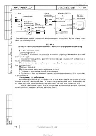 ГОСТ 3.1105-84
Лист 212Дубликат
Взам.
Подп.
3100.25100.12056
ТИ Технологическая инструкция
ОАО "АВТОВАЗ"
ИзмЛист№документаПодписьДатаИзм.Лист№документаПодписьДата
Схема включения муфты компрессора кондиционера на автомобилях LADA VESTA с сис-
темой кондиционирования
Код Р0646
Реле муфты компрессора кондиционера, замыкание цепи управления на массу
Код Р646 заносится, если:
- двигатель работает;
- команда на включение кондиционера выполнена (параметр "Включение реле кон-
диционера" = Да);
- самодиагностика драйвера реле муфты компрессора кондиционера определила на
выходе замыкание на массу.
Сигнализатор неисправностей загорается через 2 драйв-цикла после возникновения
кода неисправности.
Описание проверок
Последовательность соответствует цифрам на карте.
1 Проверяется наличие постоянной неисправности.
2 Определяется наличие замыкания на массу цепи управления реле муфты компрессо-
ра кондиционера.
Диагностическая информация
В контроллере используется драйвер реле муфты компрессора кондиционера, обла-
дающий функцией самодиагностики. Он может определять наличие таких неисправностей,
как обрыв, короткое замыкание на массу или источник питания цепи управления реле.
Управлять включением реле муфты компрессора кондиционера можно с помощью
диагностического прибора в режиме "Активные тесты".
http://vnx.su/
 
