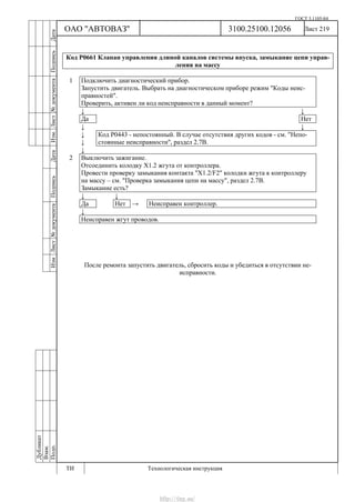 ГОСТ 3.1105-84
Лист 219
Дубликат
Взам.
Подп.
3100.25100.12056
ТИ Технологическая инструкция
ОАО "АВТОВАЗ"
ИзмЛист№документаПодписьДатаИзм.Лист№документаПодписьДата
Код Р0661 Клапан управления длиной каналов системы впуска, замыкание цепи управ-
ления на массу
1 Подключить диагностический прибор.
Запустить двигатель. Выбрать на диагностическом приборе режим "Коды неис-
правностей".
Проверить, активен ли код неисправности в данный момент?
↓ ↓
Да Нет
↓ ↓
↓
↓
Код Р0443 - непостоянный. В случае отсутствия других кодов - см. "Непо-
стоянные неисправности", раздел 2.7В.
↓
2 Выключить зажигание.
Отсоединить колодку Х1.2 жгута от контроллера.
Провести проверку замыкания контакта "X1.2/F2" колодки жгута к контроллеру
на массу – см. "Проверка замыкания цепи на массу", раздел 2.7В.
Замыкание есть?
↓ ↓
Да Нет → Неисправен контроллер.
↓
Неисправен жгут проводов.
После ремонта запустить двигатель, сбросить коды и убедиться в отсутствии не-
исправности.
http://vnx.su/
 