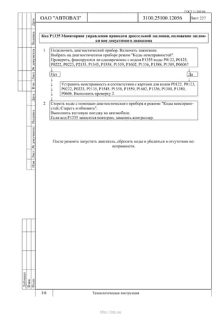 ГОСТ 3.1105-84
Лист 227
Дубликат
Взам.
Подп.
3100.25100.12056
ТИ Технологическая инструкция
ОАО "АВТОВАЗ"
ИзмЛист№документаПодписьДатаИзм.Лист№документаПодписьДата
Код Р1335 Мониторинг управления приводом дроссельной заслонки, положение заслон-
ки вне допустимого диапазона
1 Подключить диагностический прибор. Включить зажигание.
Выбрать на диагностическом приборе режим "Коды неисправностей".
Проверить, фиксируются ли одновременно с кодом Р1335 коды Р0122, Р0123,
Р0222, Р0223, Р2135, Р1545, Р1558, Р1559, Р1602, Р1336, Р1388, Р1389, Р0606?
↓ ↓
Нет Да
↓ ↓
↓
↓
↓
Устранить неисправность в соответствии с картами для кодов Р0122, Р0123,
Р0222, Р0223, Р2135, Р1545, Р1558, Р1559, Р1602, Р1336, Р1388, Р1389,
Р0606. Выполнить проверку 2.
↓
2 Стереть коды с помощью диагностического прибора в режиме "Коды неиспрано-
стей; Стереть и обновить".
Выполнить тестовую поездку на автомобиле.
Если код Р1335 заносится повторно, заменить контроллер.
После ремонта запустить двигатель, сбросить коды и убедиться в отсутствии не-
исправности.
http://vnx.su/
 
