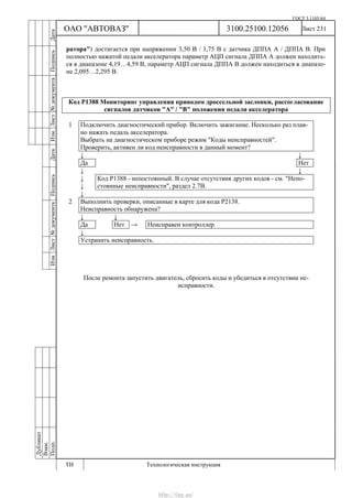 ГОСТ 3.1105-84
Лист 231
Дубликат
Взам.
Подп.
3100.25100.12056
ТИ Технологическая инструкция
ОАО "АВТОВАЗ"
ИзмЛист№документаПодписьДатаИзм.Лист№документаПодписьДата
ратора") достигается при напряжении 3,50 В / 1,75 В с датчика ДППА А / ДППА В. При
полностью нажатой педали акселератора параметр АЦП сигнала ДППА А должен находить-
ся в диапазоне 4,19…4,59 В, параметр АЦП сигнала ДППА В должен находиться в диапазо-
не 2,095…2,295 В.
Код Р1388 Мониторинг управления приводом дроссельной заслонки, рассогласование
сигналов датчиков "А" / "В" положения педали акселератора
1 Подключить диагностический прибор. Включить зажигание. Несколько раз плав-
но нажать педаль акселератора.
Выбрать на диагностическом приборе режим "Коды неисправностей".
Проверить, активен ли код неисправности в данный момент?
↓ ↓
Да Нет
↓ ↓
↓
↓
Код Р1388 - непостоянный. В случае отсутствия других кодов - см. "Непо-
стоянные неисправности", раздел 2.7В.
↓
2 Выполнить проверки, описанные в карте для кода Р2138.
Неисправность обнаружена?
↓ ↓
Да Нет → Неисправен контроллер.
↓
Устранить неисправность.
После ремонта запустить двигатель, сбросить коды и убедиться в отсутствии не-
исправности.
http://vnx.su/
 