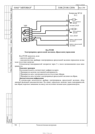 ГОСТ 3.1105-84
Лист 250Дубликат
Взам.
Подп.
3100.25100.12056
ТИ Технологическая инструкция
ОАО "АВТОВАЗ"
ИзмЛист№документаПодписьДатаИзм.Лист№документаПодписьДата
Код Р2100
Электропривод дроссельной заслонки, обрыв цепи управления
Код Р2100 заносится, если:
- двигатель работает;
- самодиагностика драйвера электропривода дроссельной заслонки определила на вы-
ходе отсутствие нагрузки.
Сигнализатор неисправностей загорается через 5 c после возникновения кода неис-
правности.
Описание проверок
Последовательность соответствует цифрам на карте.
1 Проверяется наличие постоянной неисправности.
2 Проверяется цепь электродвигателя на отсутствие обрыва.
3 Проверяется цепь питания электропривода дроссельной заслонки на обрыв.
Диагностическая информация
В контроллере используется драйвер электропривода дроссельной заслонки, обла-
дающий функцией самодиагностики. Он может определять наличие таких неисправностей,
как обрыв, короткое замыкание на массу или источник питания цепи управления реле.
http://vnx.su/
 