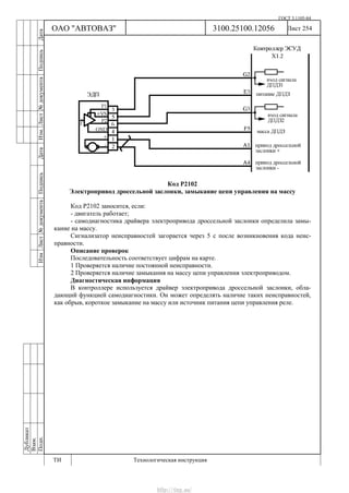 ГОСТ 3.1105-84
Лист 254Дубликат
Взам.
Подп.
3100.25100.12056
ТИ Технологическая инструкция
ОАО "АВТОВАЗ"
ИзмЛист№документаПодписьДатаИзм.Лист№документаПодписьДата
Код Р2102
Электропривод дроссельной заслонки, замыкание цепи управления на массу
Код Р2102 заносится, если:
- двигатель работает;
- самодиагностика драйвера электропривода дроссельной заслонки определила замы-
кание на массу.
Сигнализатор неисправностей загорается через 5 c после возникновения кода неис-
правности.
Описание проверок
Последовательность соответствует цифрам на карте.
1 Проверяется наличие постоянной неисправности.
2 Проверяется наличие замыкания на массу цепи управления электроприводом.
Диагностическая информация
В контроллере используется драйвер электропривода дроссельной заслонки, обла-
дающий функцией самодиагностики. Он может определять наличие таких неисправностей,
как обрыв, короткое замыкание на массу или источник питания цепи управления реле.
http://vnx.su/
 