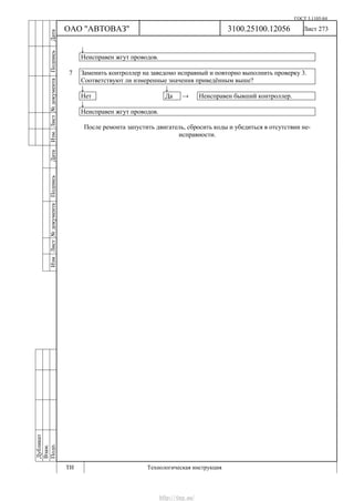ГОСТ 3.1105-84
Лист 273
Дубликат
Взам.
Подп.
3100.25100.12056
ТИ Технологическая инструкция
ОАО "АВТОВАЗ"
ИзмЛист№документаПодписьДатаИзм.Лист№документаПодписьДата
↓
Неисправен жгут проводов.
7 Заменить контроллер на заведомо исправный и повторно выполнить проверку 3.
Соответствуют ли измеренные значения приведённым выше?
↓ ↓
Нет Да → Неисправен бывший контроллер.
↓
Неисправен жгут проводов.
После ремонта запустить двигатель, сбросить коды и убедиться в отсутствии не-
исправности.
http://vnx.su/
 