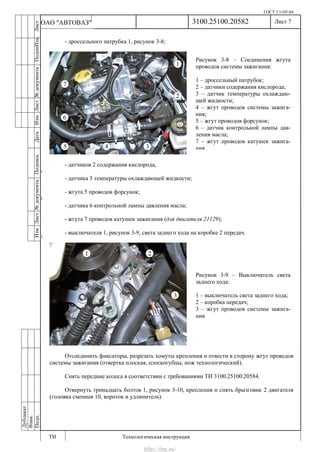 ГОСТ 3.1105-84
Лист 7
ИзмЛист№документаПодписьДатаИзм.Лист№документаПодпиИзм.Лист
№документаПодписьДата
сПрудскихД.А.18.06.12
РеваВ.В.26.10.12
ХристовП.Н.01.11.12
РеваВ.В.27.10.12
ПрудскихД.А.26.10.12
ьДата
Дубликат
Взам.
Подп.
3100.25100.20582
ТИ Технологическая инструкция
ОАО "АВТОВАЗ"
Рисунок 3-8 – Соединения жгута
проводов системы зажигания:
1 – дроссельный патрубок;
2 – датчики содержания кислорода;
3 – датчик температуры охлаждаю-
щей жидкости;
4 – жгут проводов системы зажига-
ния;
5 – жгут проводов форсунок;
6 – датчик контрольной лампы дав-
ления масла;
7 – жгут проводов катушек зажига-
ния
Рисунок 3-9 – Выключатель света
заднего хода:
1 – выключатель света заднего хода;
2 – коробка передач;
3 – жгут проводов системы зажига-
ния
- дроссельного патрубка 1, рисунок 3-8;
- датчиков 2 содержания кислорода;
- датчика 3 температуры охлаждающей жидкости;
- жгута 5 проводов форсунок;
- датчика 6 контрольной лампы давления масла;
- жгута 7 проводов катушек зажигания (для двигателя 21129);
- выключателя 1, рисунок 3-9, света заднего хода на коробке 2 передач.
Отсоединить фиксаторы, разрезать хомуты крепления и отвести в сторону жгут проводов
системы зажигания (отвертка плоская, плоскогубцы, нож технологический).
Снять передние колеса в соответствии с требованиями ТИ 3100.25100.20584.
Отвернуть тринадцать болтов 1, рисунок 3-10, крепления и снять брызговик 2 двигателя
(головка сменная 10, вороток и удлинитель).
http://vnx.su/
 