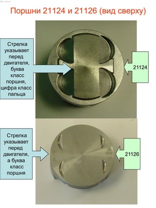 Поршни 21124 и 21126 (вид сверху)
Стрелка
указывает
перед
двигателя,
а буква
класс
поршня
Стрелка
указывает
перед
двигателя,
буква
класс
поршня,
цифра класс
пальца
21124
21126
http://vnx.su/
 