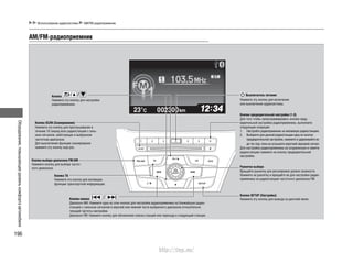 Оборудование,повышающееуровенькомфортаавтомобиля
196
Использование аудиосистемы AM/FM-радиоприемник
AM/FM-радиоприемник
Нажмите эту кнопку для настройки
радиоприемника.
Кнопка SCAN (Сканирование)
Нажмите эту кнопку для прослушивания в
течение 10 секунд всех радиостанций с силь-
ным сигналом, работающих в выбранном
частотном диапазоне.
Для выключения функции сканирования
нажмите эту кнопку еще раз.
Кнопка ТА
Нажмите эту кнопку для активации
функции транспортной информации.
Кнопка выбора диапазона FM/AM
Нажмите кнопку для выбора частот-
ного диапазона.
Кнопки поиска
Диапазон AM: Нажмите одну из этих кнопок для настройки радиоприемника на ближайшую радио-
станцию с сильным сигналом в верхней или нижней части выбранного диапазона относительно
текущей частоты настройки.
Диапазон FM: Нажмите кнопку для обновления списка станций или перехода к следующей станции.
Выключатель питания
Кнопки предварительной настройки (1-6)
Для того чтобы запрограммировать кнопки пред-
варительной настройки радиоприемника, выполните
следующие операции:
1. Настройте радиоприемник на желаемую радиостанцию.
2. Выберите для данной радиостанции одну из кнопок
предварительной настройки, нажмите и удерживайте ее
до тех пор, пока не услышите короткий звуковой сигнал.
Для настройки радиоприемника на сохраненную в памяти
радиостанцию нажмите на кнопку предварительной
настройки.
Рукоятка выбора
Вращайте рукоятку для регулировки уровня громкости.
Нажмите на рукоятку и вращайте ее для настройки радио-
приемника на радиостанцию частотного диапазона FM.
Кнопка SETUP (Настройка)
Нажмите эту кнопку для вывода на дисплей меню.
Нажмите эту кнопку для включения
или выключения аудиосистемы.
Кнопка
http://vnx.su/
 